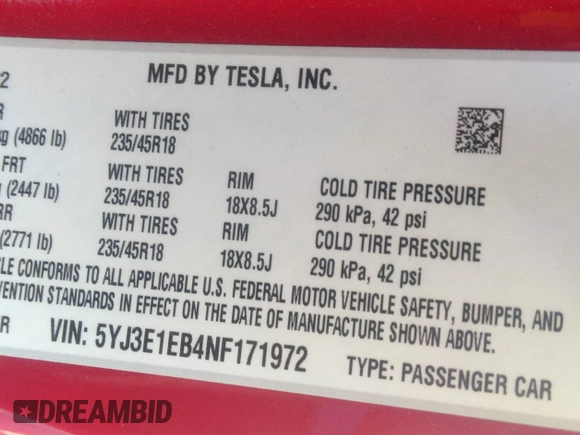 2022 Tesla Model 3 Long Range with VIN 5YJ3E1EB4NF171972, listed as a IAAI auction lot 42026031 with 40,489 mi miles and . Bid and sale history available at DreamBid. Image 9.