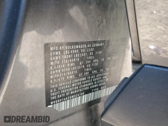 2016 Volkswagen Tiguan SE with VIN WVGBV7AX2GW524185, listed as a Copart auction lot 57615065 with 92,050 mi miles and Salvage title. Bid and sale history available at DreamBid. Image 14.