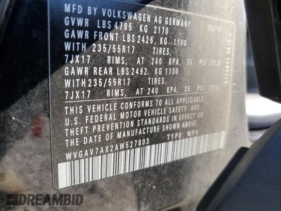 2010 Volkswagen Tiguan Wolfsburg Edition z VIN WVGAV7AX2AW527803, wystawiony jako Copart lot #55920475 z przebiegiem 107 682 mil mil oraz Szkoda całkowita • Salvage title. Historia ofert i sprzedaży dostępna na DreamBid. Obrazek 13.