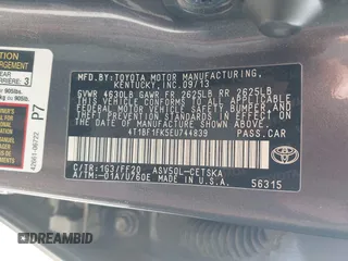 2014 Toyota Camry L with VIN 4T1BF1FK5EU744839, listed as a IAAI auction lot 42101173 with 255,137 mi miles. Bid and sale history available at carsss.com. Image 9.
