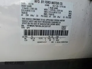 2020 Ford Explorer с VIN 1FMSK7BH9LGC22137, выставлен на аукционе Copart как лот 54984715 с пробегом 45 300 миль миль и Списание • Salvage title. История ставок и продаж доступна на DreamBid. Изображение 14.