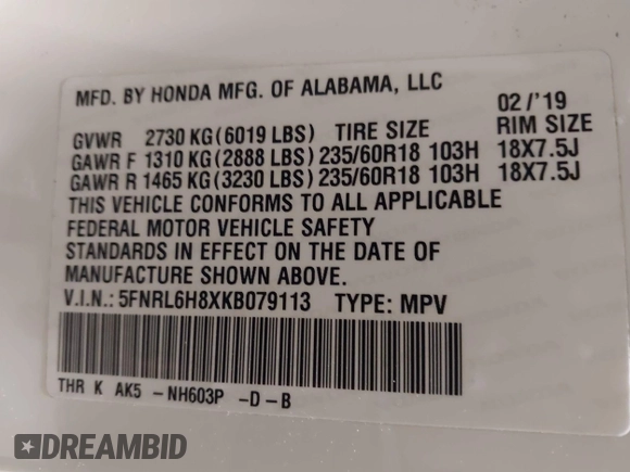 2019 Honda Odyssey Touring with VIN 5FNRL6H8XKB079113, listed as a IAAI auction lot 42359455 with 74,545 mi miles and . Bid and sale history available at DreamBid. Image 9.