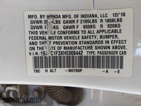2017 Honda Civic EX-T with VIN 19XFC1F3XHE008442, listed as a IAAI auction lot 42004598 with 187,250 mi miles. Bid and sale history available at carsss.com. Image 9.