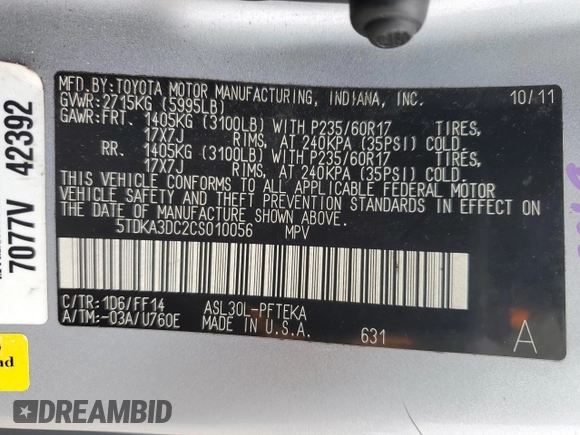 2012 Toyota Sienna with VIN 5TDKA3DC2CS010056, listed as a Copart auction lot 44639505 with 146,195 mi miles and Salvage Title. Bid and sale history available at DreamBid. Image 15.