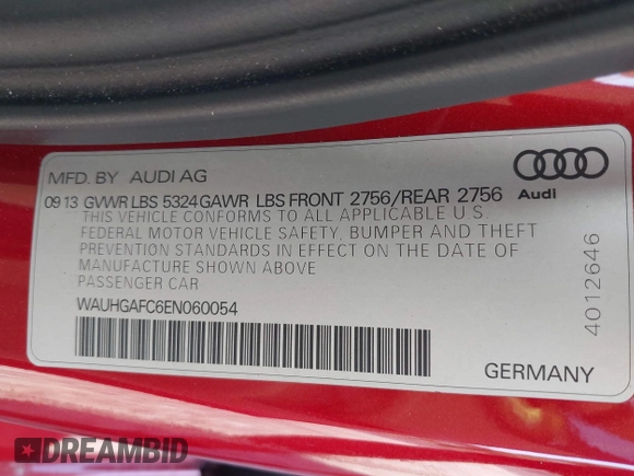 2014 Audi A6 Prestige with VIN WAUHGAFC6EN060054, listed as a IAAI auction lot 42006061 with 42,381 mi miles and . Bid and sale history available at DreamBid. Image 9.