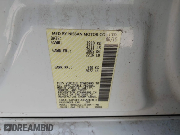 2015 Nissan Altima 2.5 z VIN 1N4AL3AP4FC469081, wystawiony jako IAAI lot #41982777 z przebiegiem 208 731 mil mil oraz . Historia ofert i sprzedaży dostępna na DreamBid. Obrazek 9.