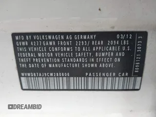 2012 Volkswagen Golf with VIN WVWDB7AJ9CW280806, listed as a IAAI auction lot 41909892 with 121,711 mi miles and . Bid and sale history available at DreamBid. Image 9.