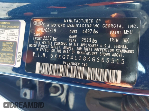 2019 Kia Optima LX with VIN 5XXGT4L38KG365515, listed as a IAAI auction lot 41829120 with 86,510 mi miles. Bid and sale history available at carsss.com. Image 9.