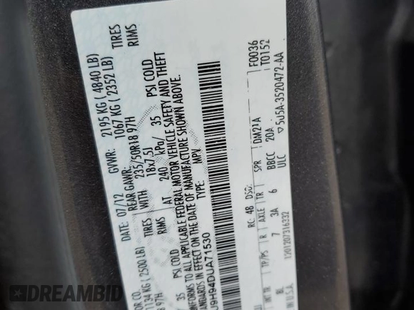 2013 Ford Escape SEL with VIN 1FMCU9H94DUA71530, listed as a Copart auction lot 60452855 with 156,920 mi miles and Clean title. Bid and sale history available at DreamBid. Image 12.