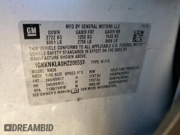 2017 GMC Acadia SLE with VIN 1GKKNKLA0HZ206537, listed as a Copart auction lot 82787104 with 150,799 mi miles and Salvage Title. Bid and sale history available at DreamBid. Image 13.
