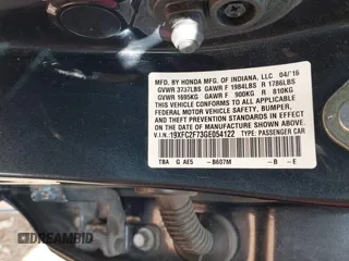 2016 Honda Civic Sedan EX with VIN 19XFC2F73GE054122, listed as a IAAI auction lot 41616952 with 70,406 mi miles. Bid and sale history available at carsss.com. Image 9.