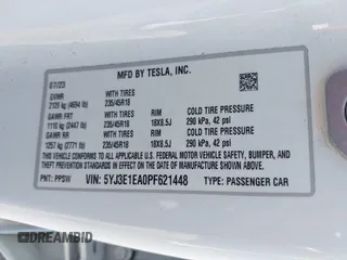 2023 Tesla Model 3 with VIN 5YJ3E1EA0PF621448, listed as a IAAI auction lot 42500155 with 26,589 mi miles and . Bid and sale history available at DreamBid. Image 9.