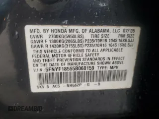 2005 Honda Pilot EX-L with VIN 5FNYF18555B060159, listed as a Copart auction lot 54165005 with 147,187 mi miles and Salvage title. Bid and sale history available at DreamBid. Image 12.