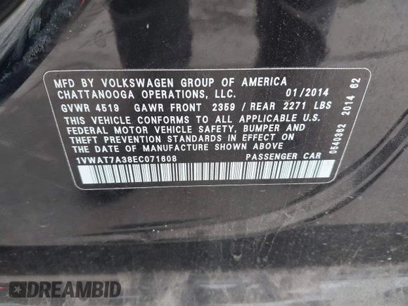 2014 Volkswagen Passat Wolfsburg Edition with VIN 1VWAT7A38EC071608, listed as a IAAI auction lot 42784046 with 172,728 mi miles and . Bid and sale history available at DreamBid. Image 9.