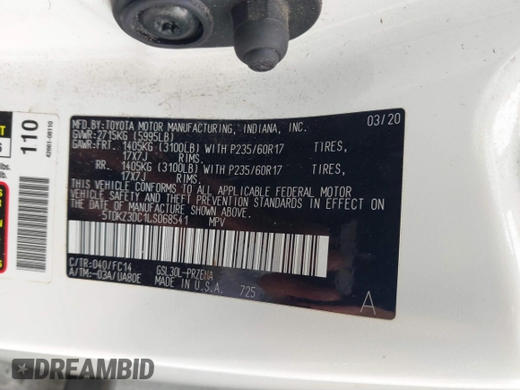 2020 Toyota Sienna LE Auto Access Seat с VIN 5TDKZ3DC1LS068541, выставлен на аукционе IAAI как лот 41688973 с пробегом 92 097 миль миль и . История ставок и продаж доступна на DreamBid. Изображение 9.