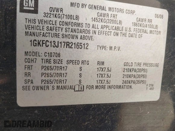 2007 GMC Yukon SLE with VIN 1GKFC13J17R216512, listed as a IAAI auction lot 41938265 with 201,781 mi miles and . Bid and sale history available at DreamBid. Image 9.