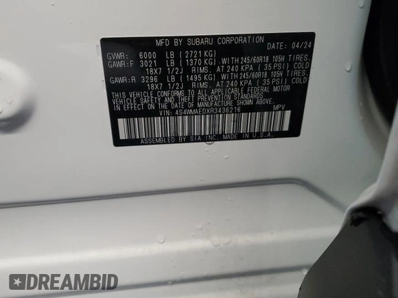 2024 Subaru Ascent Premium with VIN 4S4WMAEDXR3436216, listed as a Copart auction lot 52705495 with 30,583 mi miles and Clean title. Bid and sale history available at DreamBid. Image 14.