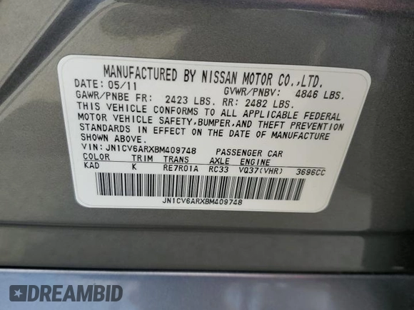 2011 Infiniti G37 x with VIN JN1CV6ARXBM409748, listed as a Copart auction lot 53143595 with 177,594 mi miles and Salvage Title. Bid and sale history available at carsss.com. Image 12.