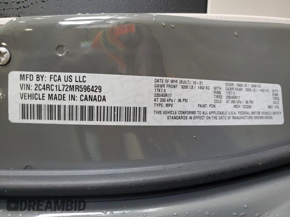 2021 Chrysler Pacifica Hybrid Touring L with VIN 2C4RC1L72MR596429, listed as a Copart auction lot 53859345 with 97,218 mi miles and Salvage title. Bid and sale history available at DreamBid. Image 13.