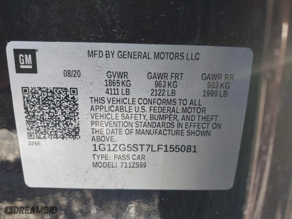 2020 Chevrolet Malibu RS with VIN 1G1ZG5ST7LF155081, listed as a IAAI auction lot 41581922 with 94,685 mi miles. Bid and sale history available at carsss.com. Image 9.