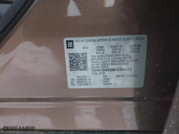 2019 Chevrolet Blazer with VIN 3GNKBHRS8KS704102, listed as a IAAI auction lot 41187364 with 92,820 mi miles. Bid and sale history available at carsss.com. Image 9.