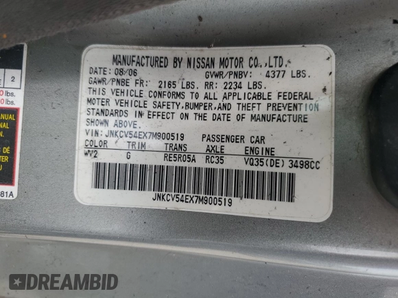 2007 Infiniti G35 with VIN JNKCV54EX7M900519, listed as a Copart auction lot 54781185 with Not Provided miles and Salvage Title. Bid and sale history available at DreamBid. Image 12.