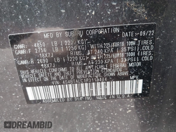 2023 Subaru Outback Onyx with VIN 4S4BTALC1P3119434, listed as a IAAI auction lot 42301903 with Not provided miles and . Bid and sale history available at DreamBid. Image 9.