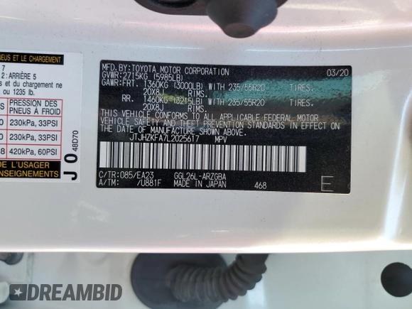 2020 Lexus RX 350L with VIN JTJHZKFA7L2025617, listed as a Copart auction lot 47249415 with 86,045 mi miles and Salvage title. Bid and sale history available at DreamBid. Image 13.