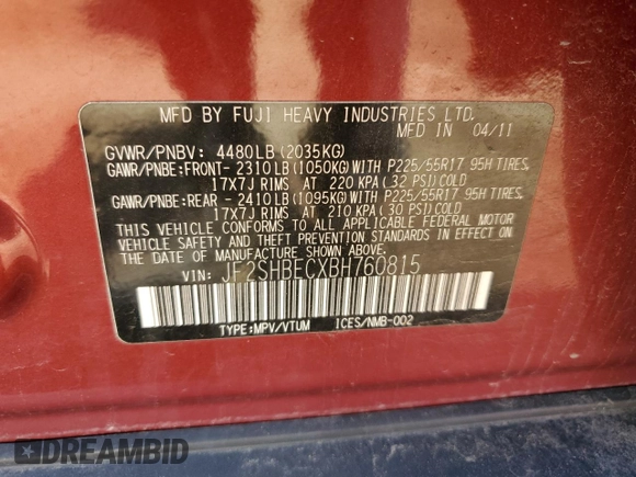 2011 Subaru Forester X Limited with VIN JF2SHBECXBH760815, listed as a Copart auction lot 58787035 with Not provided miles and Salvage title. Bid and sale history available at DreamBid. Image 12.