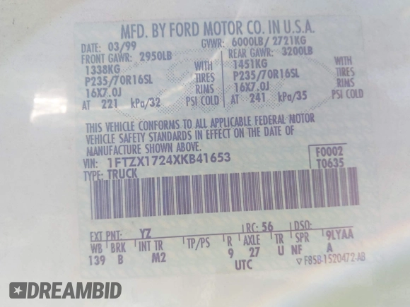 1999 Ford F-150 с VIN 1FTZX1724XKB41653, выставлен на аукционе IAAI как лот 41267645 с пробегом 114 075 миль миль и . История ставок и продаж доступна на DreamBid. Изображение 9.