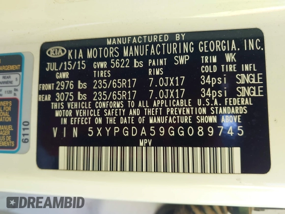 2016 Kia Sorento LX with VIN 5XYPGDA59GG089745, listed as a IAAI auction lot 42029580 with 133,542 mi miles. Bid and sale history available at carsss.com. Image 9.