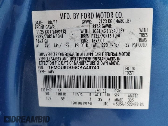 2012 Ford Escape XLT with VIN 1FMCU9DG6CKA49740, listed as a Copart auction lot 70081334 with 159,727 mi miles and Salvage title. Bid and sale history available at DreamBid. Image 15.