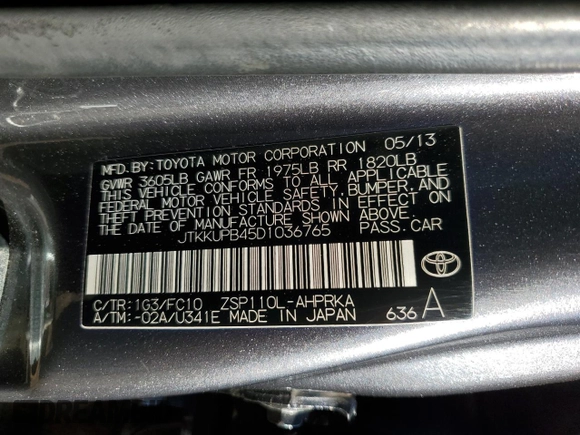 2013 Scion xD with VIN JTKKUPB45D1036765, listed as a Copart auction lot 52234165 with 82,353 mi miles and Clean Title. Bid and sale history available at carsss.com. Image 13.
