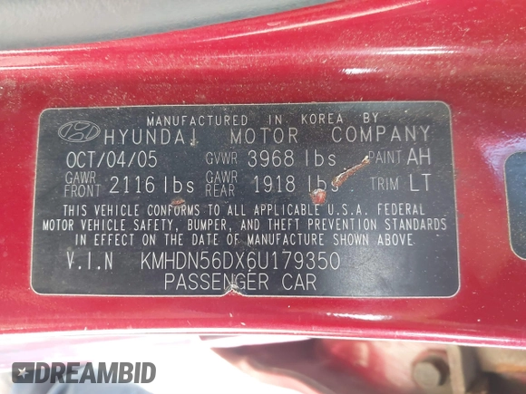 2006 Hyundai Elantra GLS z VIN KMHDN56DX6U179350, wystawiony jako IAAI lot #41801894 z przebiegiem 246 684 mil mil oraz . Historia ofert i sprzedaży dostępna na DreamBid. Obrazek 9.