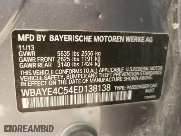 2014 BMW 7 Series 740Li with VIN WBAYE4C54ED138138, listed as a Copart auction lot 76510474 with 139,253 mi miles and Clean Title. Bid and sale history available at carsss.com. Image 12.