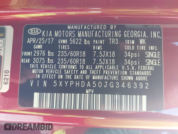 2018 Kia Sorento EX with VIN 5XYPHDA50JG346392, listed as a IAAI auction lot 42464525 with 114,576 mi miles and . Bid and sale history available at DreamBid. Image 9.