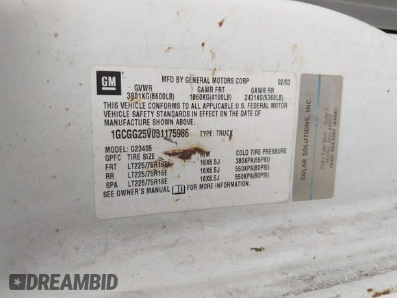 2003 Chevrolet Express Cargo with VIN 1GCGG25V031175986, listed as a IAAI auction lot 42144402 with 353,661 mi miles and . Bid and sale history available at DreamBid. Image 9.