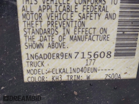 2014 Nissan Frontier SV with VIN 1N6AD0ER9EN715608, listed as a IAAI auction lot 41306919 with 181,107 mi miles and . Bid and sale history available at DreamBid. Image 9.