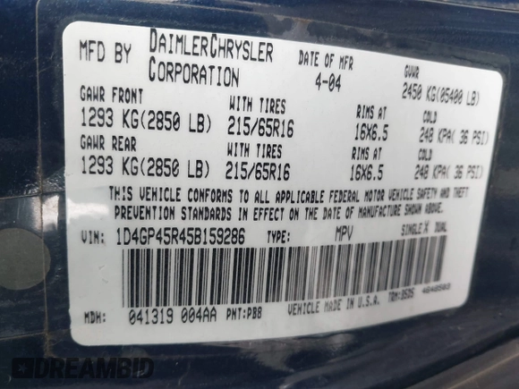 2005 Dodge Caravan SXT with VIN 1D4GP45R45B159286, listed as a IAAI auction lot 41688841 with 198,543 mi miles. Bid and sale history available at carsss.com. Image 9.