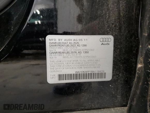 2011 Audi Q5 Premium Plus with VIN WA1DKAFP1BA118426, listed as a Copart auction lot 64078005 with 228,104 mi miles and Clean title. Bid and sale history available at DreamBid. Image 14.
