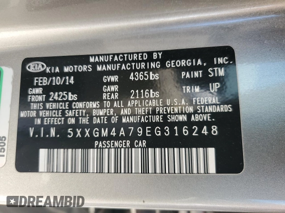 2014 Kia Optima LX с VIN 5XXGM4A79EG316248, выставлен на аукционе Copart как лот 56015475 с пробегом 167 779 миль миль и Чистый • Clean title. История ставок и продаж доступна на DreamBid. Изображение 13.