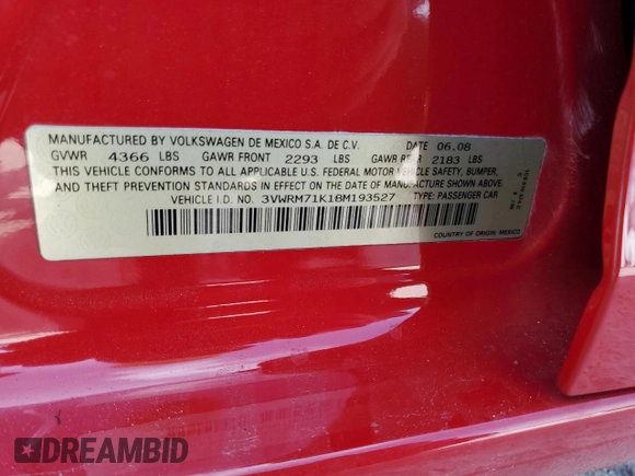 2008 Volkswagen Jetta SE with VIN 3VWRM71K18M193527, listed as a Copart auction lot 61044325 with 126,962 mi miles and Salvage title. Bid and sale history available at DreamBid. Image 14.
