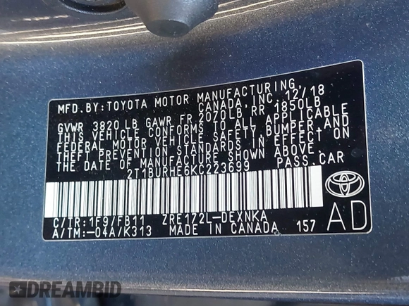 2019 Toyota Corolla L z VIN 2T1BURHE6KC223699, wystawiony jako IAAI lot #42245125 z przebiegiem 83 267 mil mil oraz . Historia ofert i sprzedaży dostępna na DreamBid. Obrazek 9.