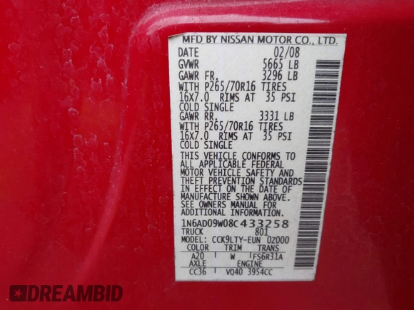 2008 Nissan Frontier LE z VIN 1N6AD09W08C433258, wystawiony jako IAAI lot #42127278 z przebiegiem 211 139 mil mil oraz . Historia ofert i sprzedaży dostępna na DreamBid. Obrazek 9.