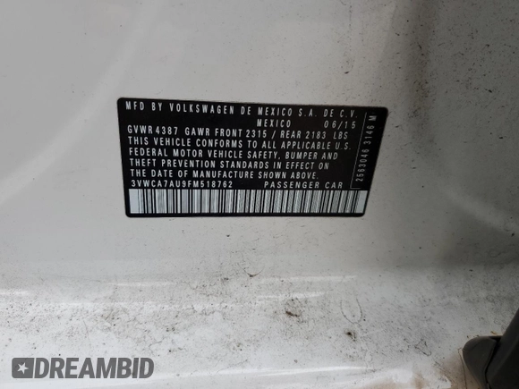2015 Volkswagen Golf SE with VIN 3VWCA7AU9FM518762, listed as a Copart auction lot 79660554 with 128,070 mi miles and Salvage Title. Bid and sale history available at DreamBid. Image 12.