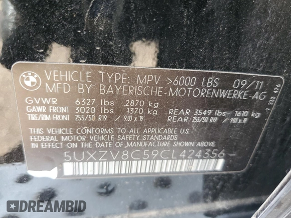 2012 BMW X5 50i with VIN 5UXZV8C59CL424356, listed as a Copart auction lot 54763725 with 107,712 mi miles and Salvage title. Bid and sale history available at DreamBid. Image 14.