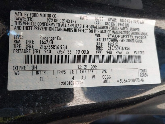 2014 Ford Focus SE with VIN 1FADP3F27EL190205, listed as a IAAI auction lot 41746694 with NaN miles. Bid and sale history available at carsss.com. Image 9.