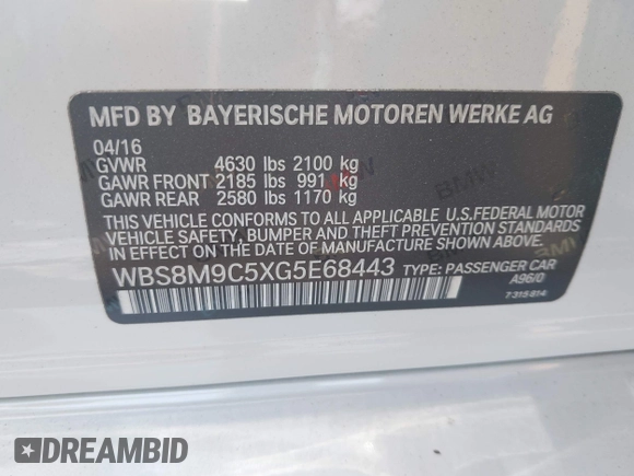 2016 BMW M3 with VIN WBS8M9C5XG5E68443, listed as a IAAI auction lot 42090215 with 52,121 mi miles and . Bid and sale history available at DreamBid. Image 9.