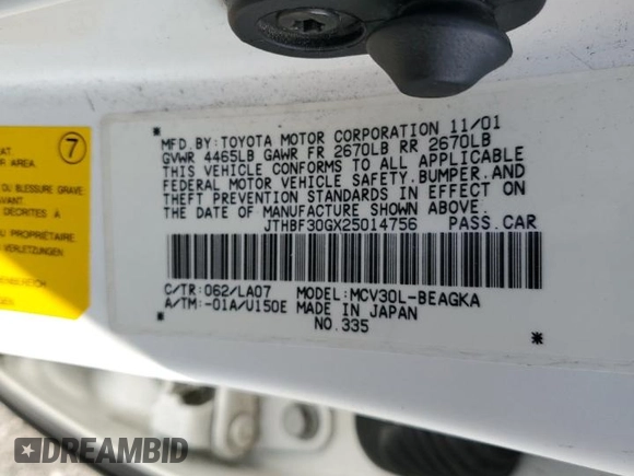 2002 Lexus ES 300 z VIN JTHBF30GX25014756, wystawiony jako Copart lot #59899805 z przebiegiem 158 702 mil mil oraz Szkoda całkowita • Salvage title. Historia ofert i sprzedaży dostępna na DreamBid. Obrazek 12.