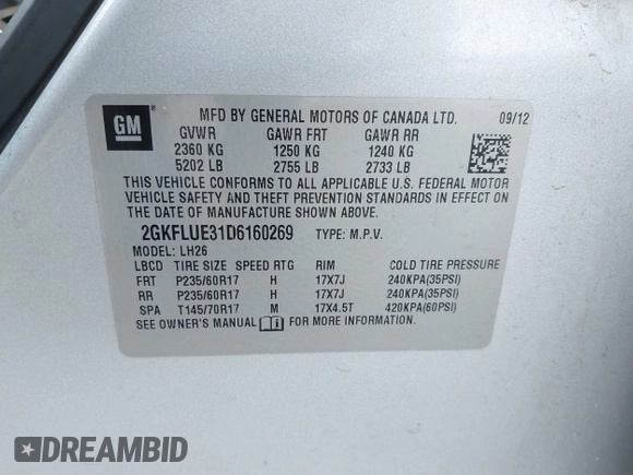 2013 GMC Terrain SLT with VIN 2GKFLUE31D6160269, listed as a IAAI auction lot 40938200 with 201,060 mi miles and . Bid and sale history available at carsss.com. Image 9.